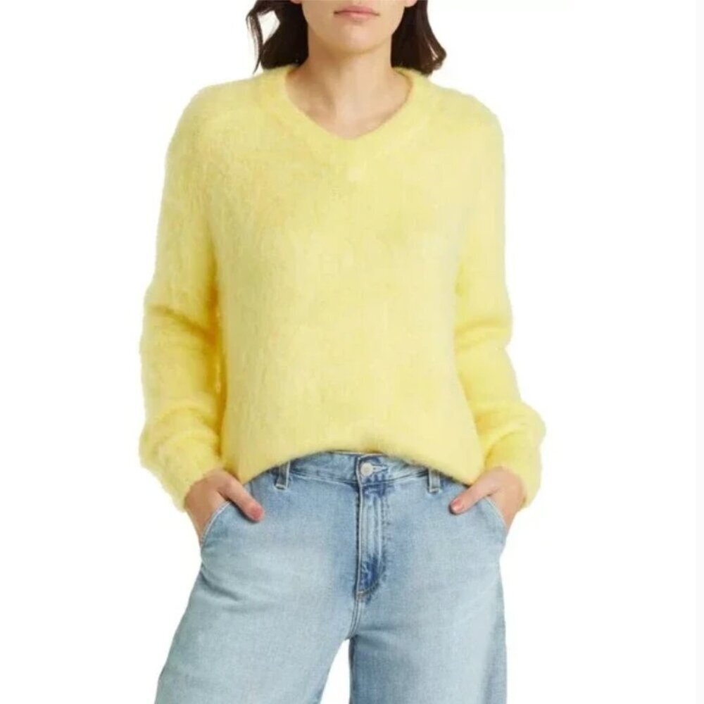 Madewell Brushed V-Neck Sweater Heather Lemon Pullover Alpaca Wool, Small